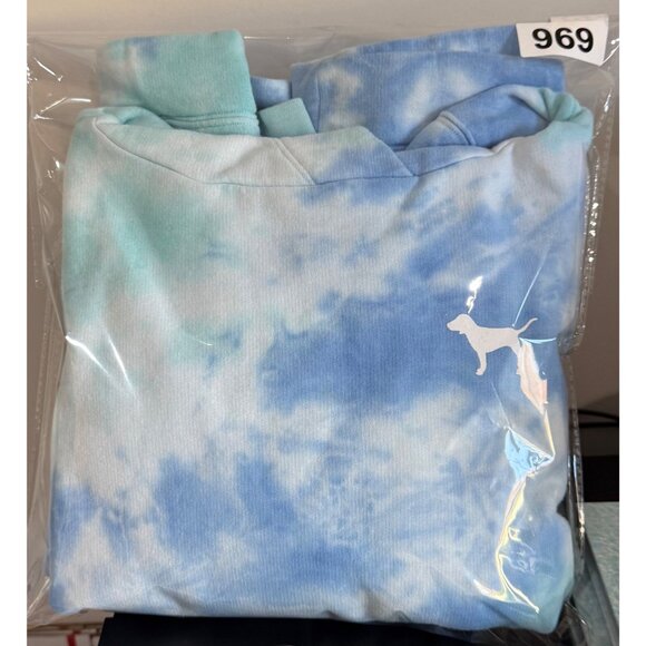 Victoria's Secret PINK Sz Medium Campus Funnel Neck Pullover Hoodie Blue Tie-Dye - Picture 14 of 14